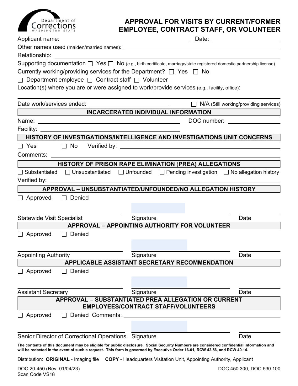 Form DOC20-450 Approval for Visits by Current / Former Employee, Contract Staff, or Volunteer - Washington, Page 1