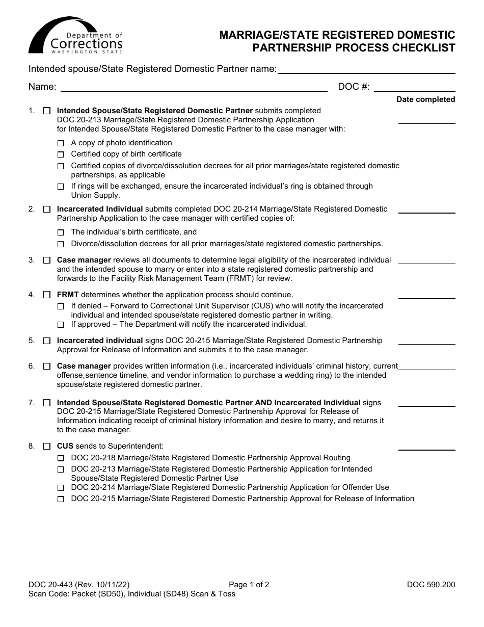 Form DOC20-443 Marriage / State Registered Domestic Partnership Process Checklist - Washington, Page 1