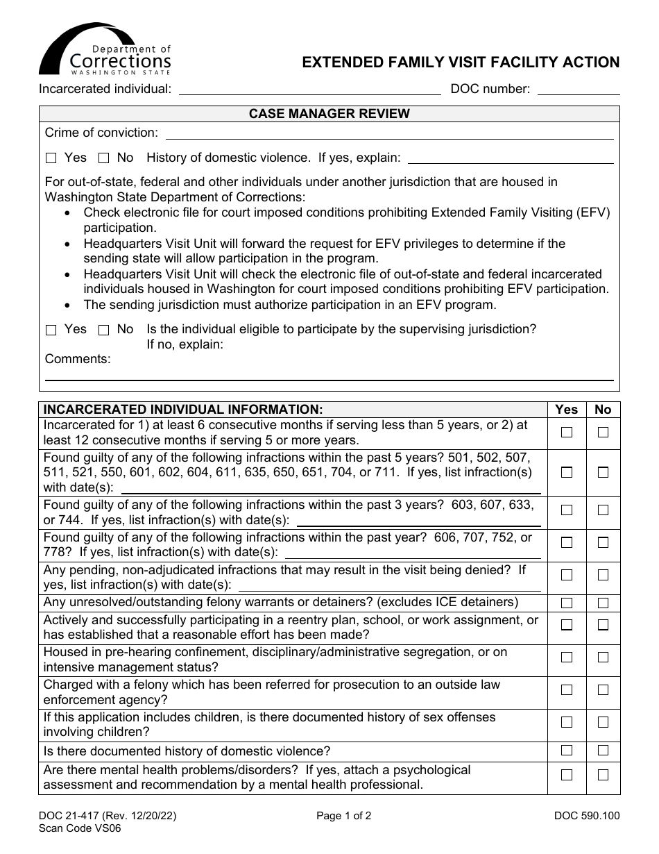 Form DOC21-417 Extended Family Visit Facility Action - Washington, Page 1