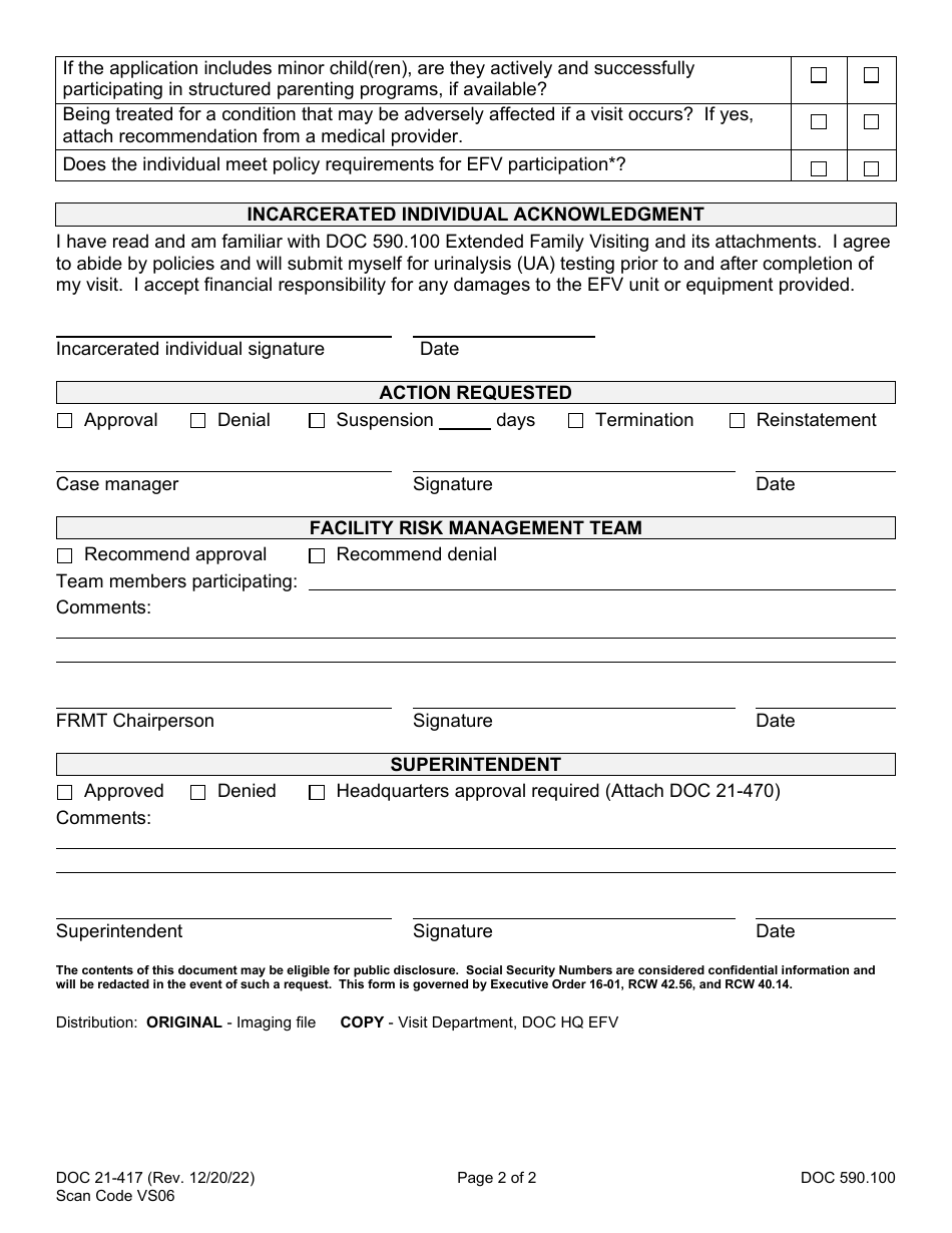 Form DOC21-417 Extended Family Visit Facility Action - Washington, Page 2