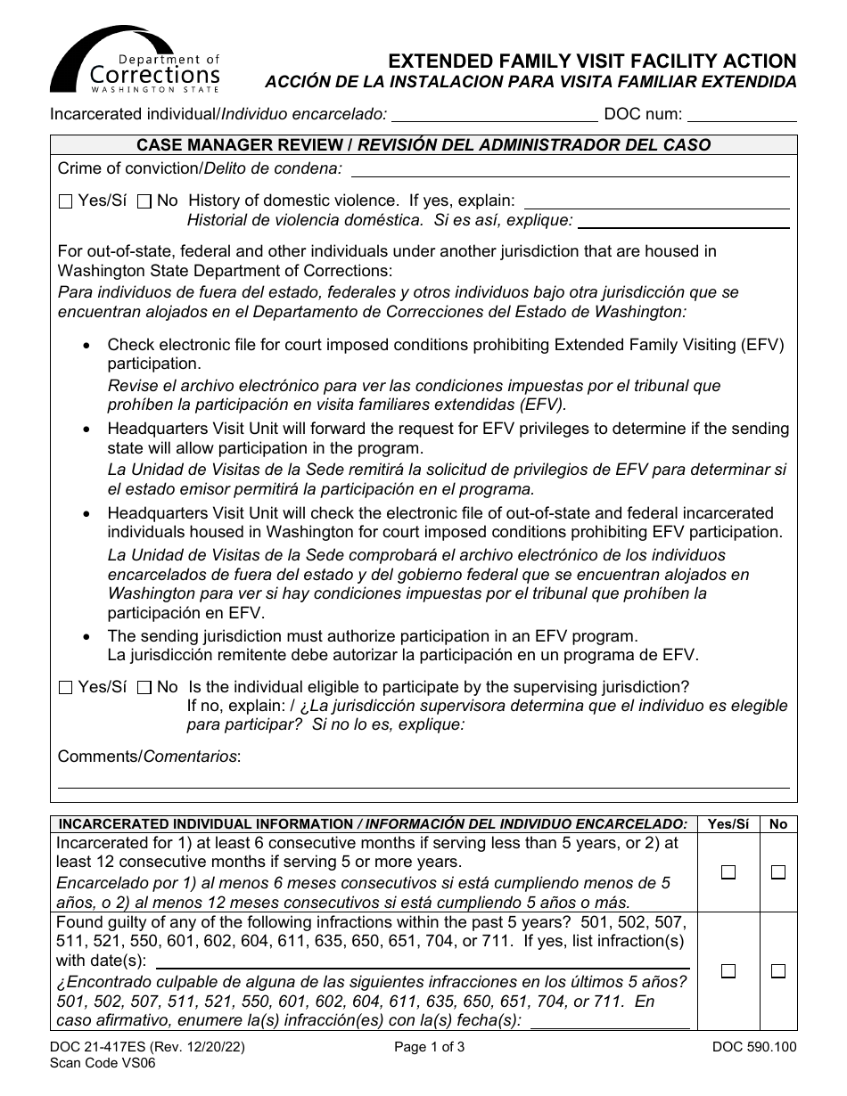 Form DOC21-417ES Extended Family Visit Facility Action - Washington (English / Spanish), Page 1
