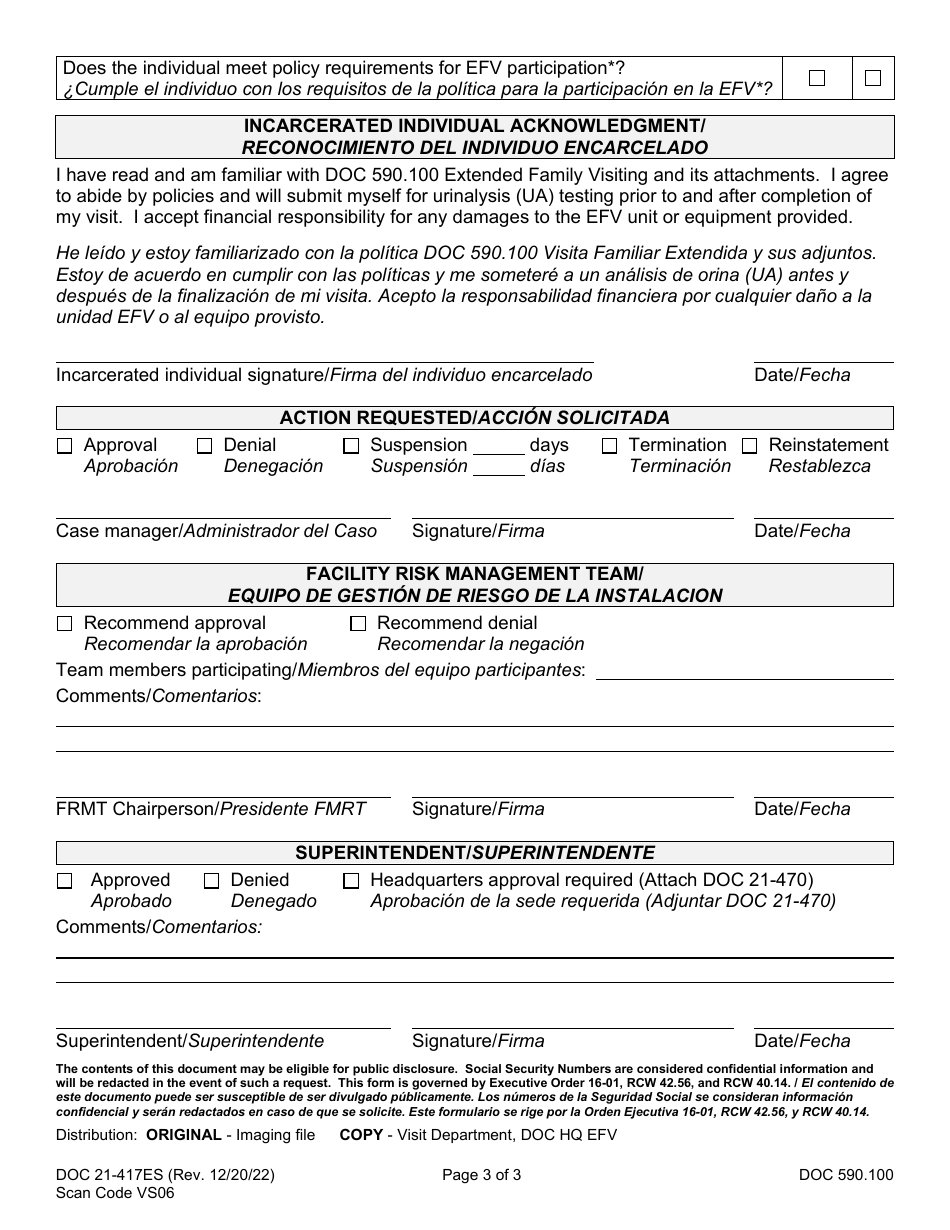 Form DOC21-417ES Extended Family Visit Facility Action - Washington (English / Spanish), Page 3