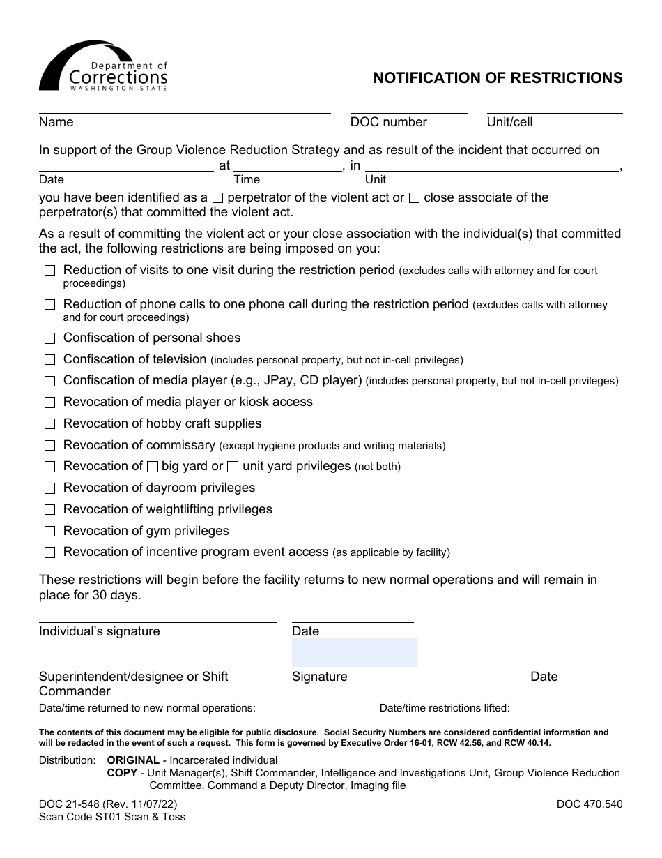 Form DOC21-548 Notification of Restrictions - Washington, Page 1