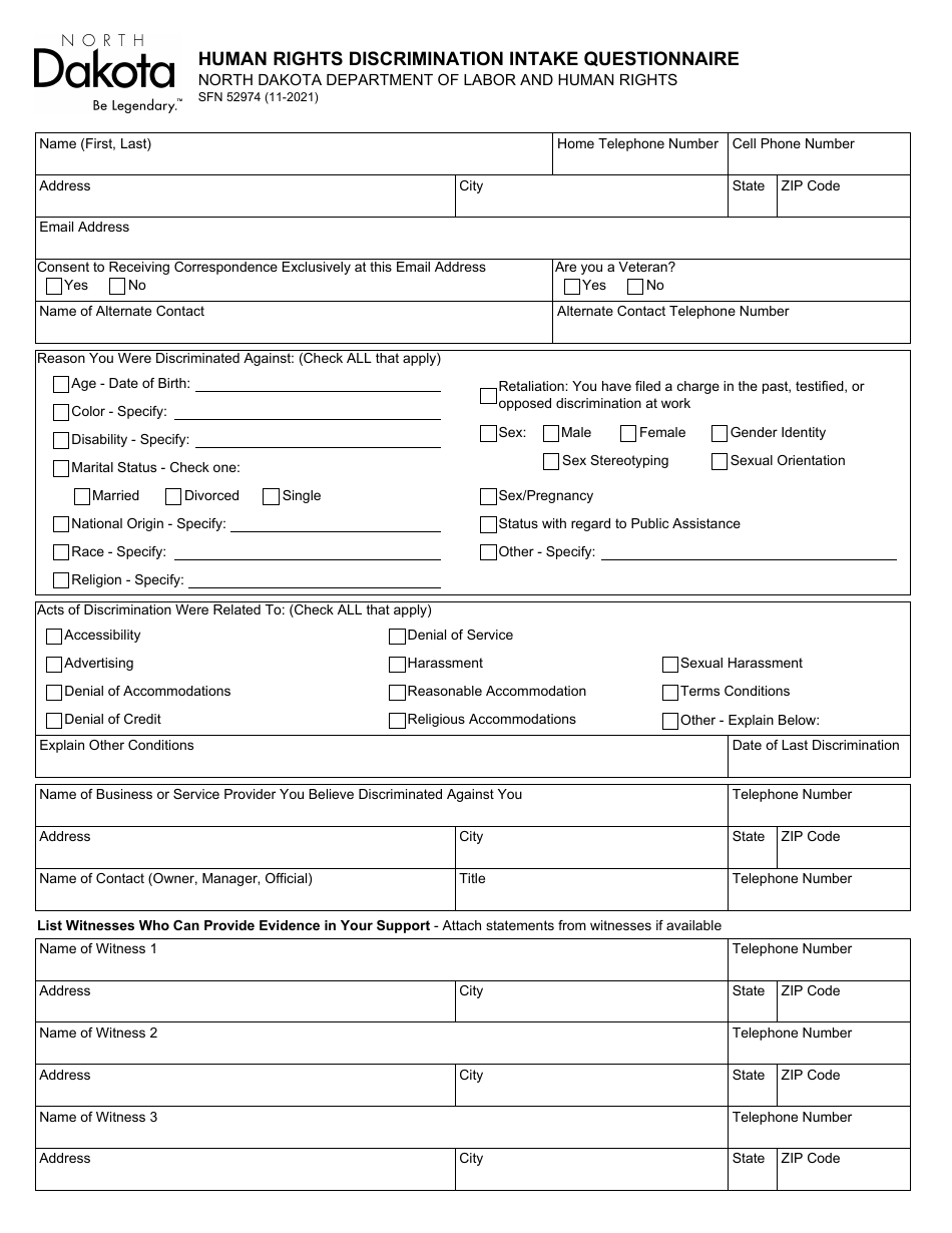 Form SFN52974 Human Rights Discrimination Intake Questionnaire - North Dakota, Page 1
