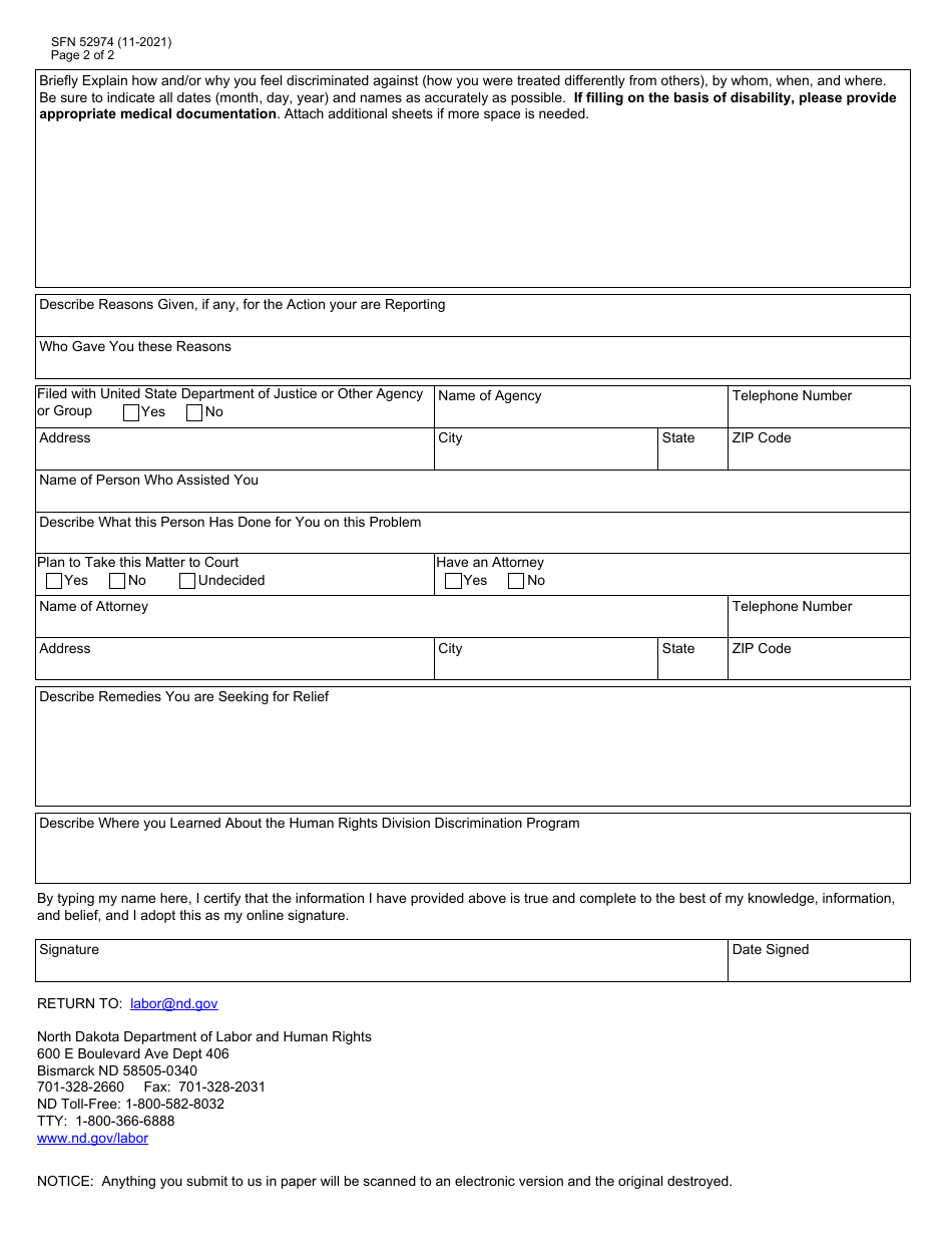 Form SFN52974 Human Rights Discrimination Intake Questionnaire - North Dakota, Page 2