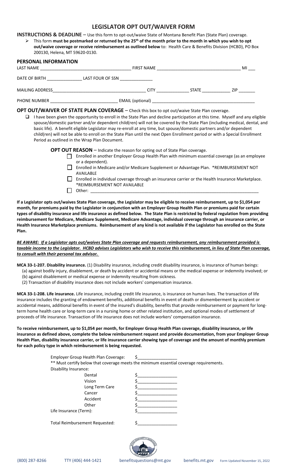 Montana Legislator Opt out/Waiver Form Download Fillable PDF 2019 ...