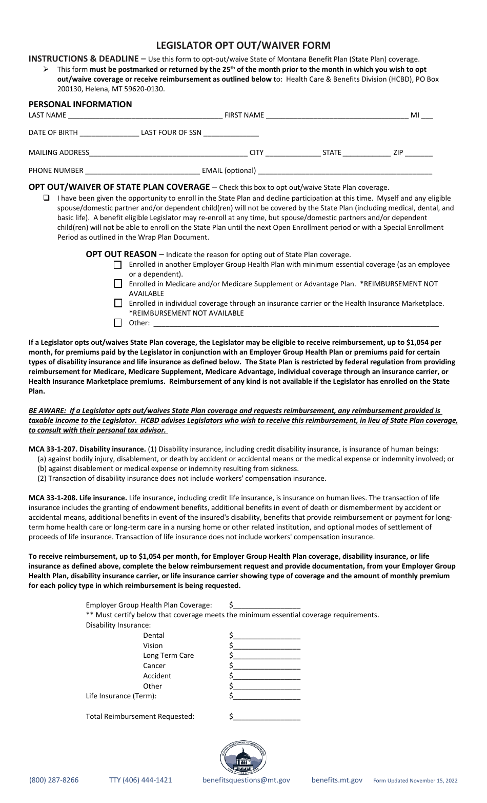 Legislator Opt out / Waiver Form - Montana, Page 1