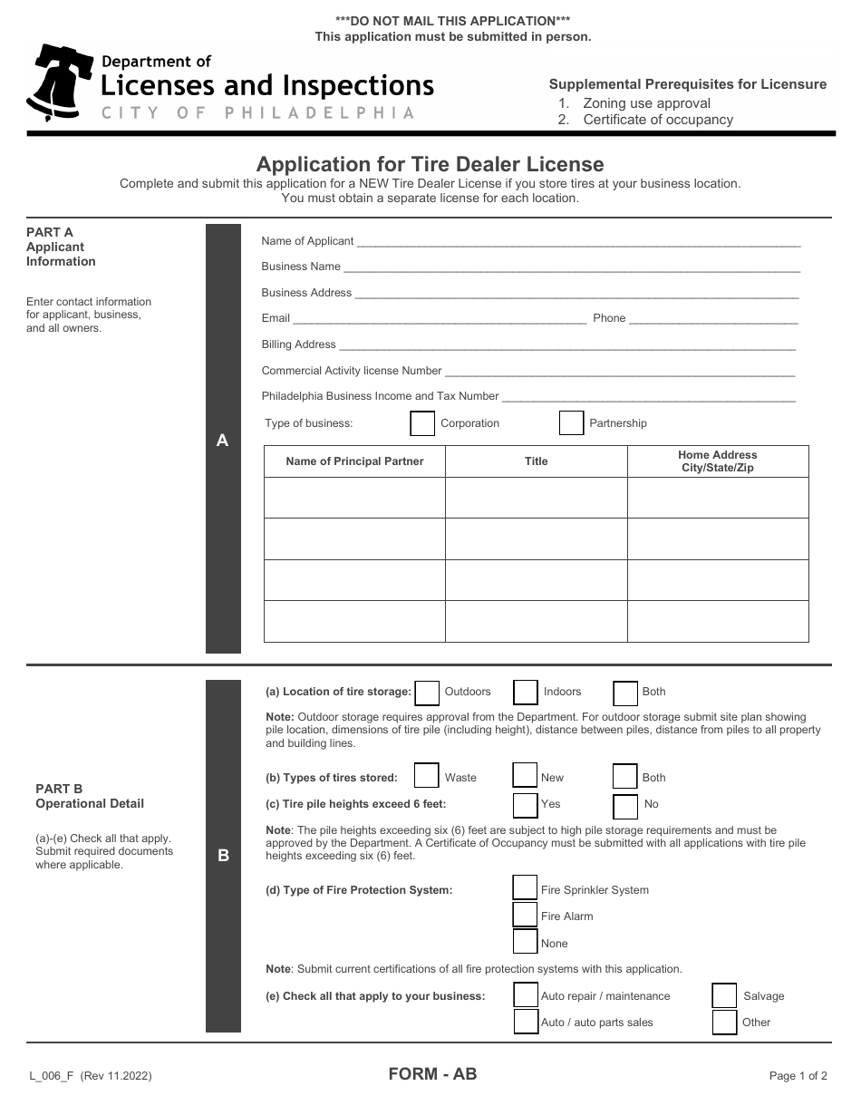 Form AB (L_006_F) Application for Tire Dealer License - City of Philadelphia, Pennsylvania, Page 1