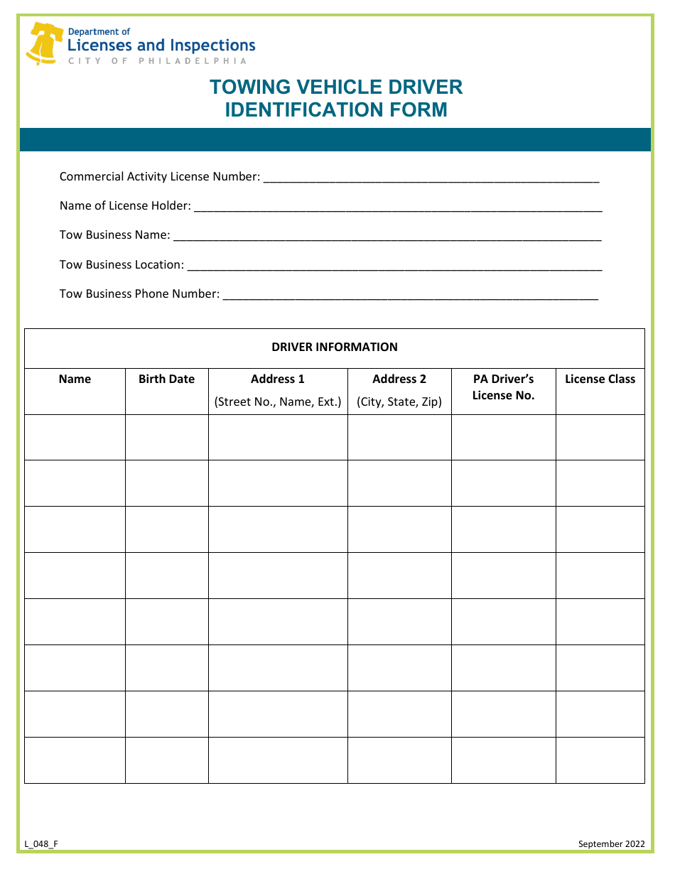 Form L_048_F Towing Vehicle Driver Identification Form - City of Philadelphia, Pennsylvania, Page 1