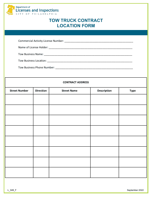 Form L_049_F Tow Truck Contract Location Form - City of Philadelphia, Pennsylvania