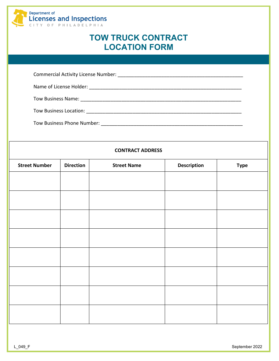 Form L_049_F Tow Truck Contract Location Form - City of Philadelphia, Pennsylvania, Page 1