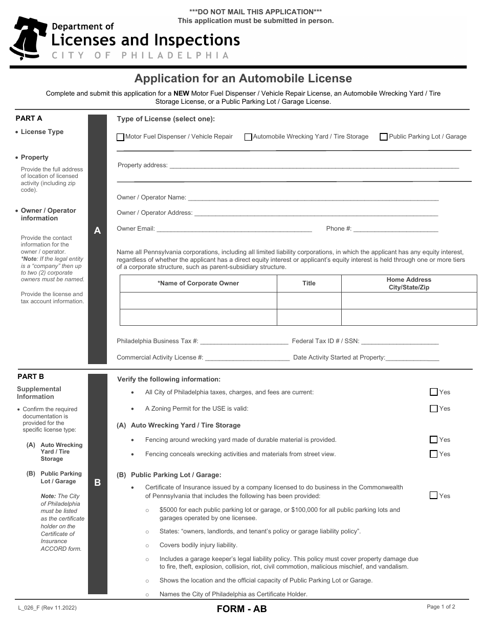 Form AB (L_026_F) Application for an Automobile License - City of Philadelphia, Pennsylvania, Page 1