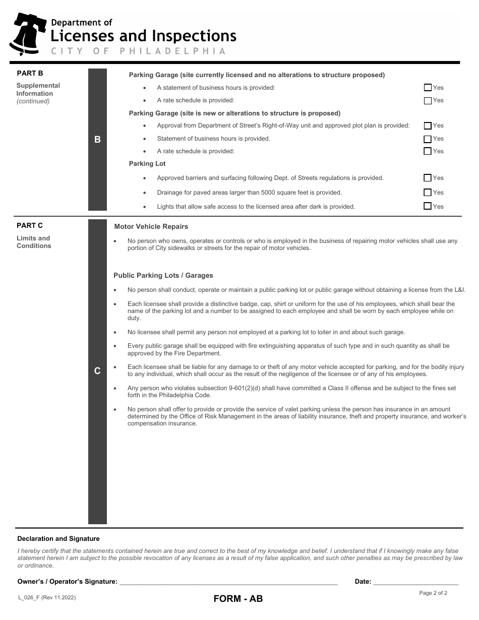 Form AB (L_026_F) Application for an Automobile License - City of Philadelphia, Pennsylvania, Page 2