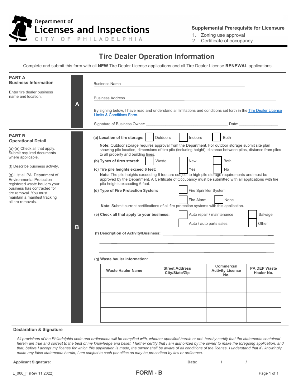 Form B (L_006_F) Tire Dealer Operation Information - City of Philadelphia, Pennsylvania, Page 1