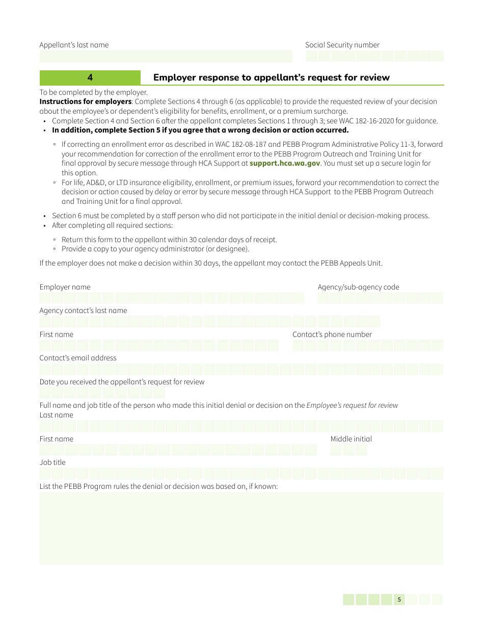 Form HCA50-0122 Pebb Employee Request for Review / Notice of Appeal - Washington, Page 5