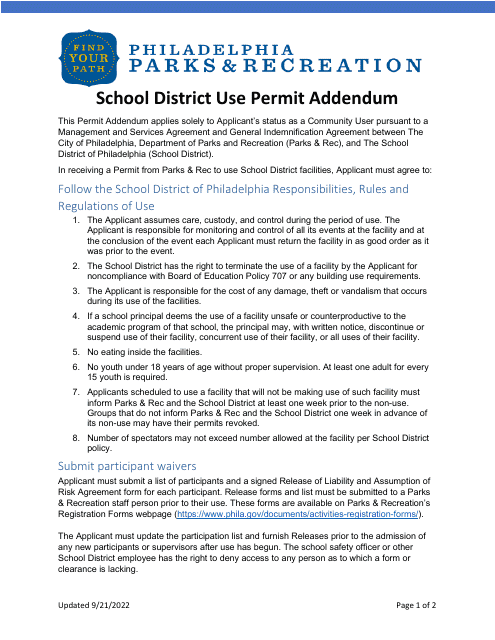 School District Use Permit Addendum - City of Philadelphia, Pennsylvania Download Pdf