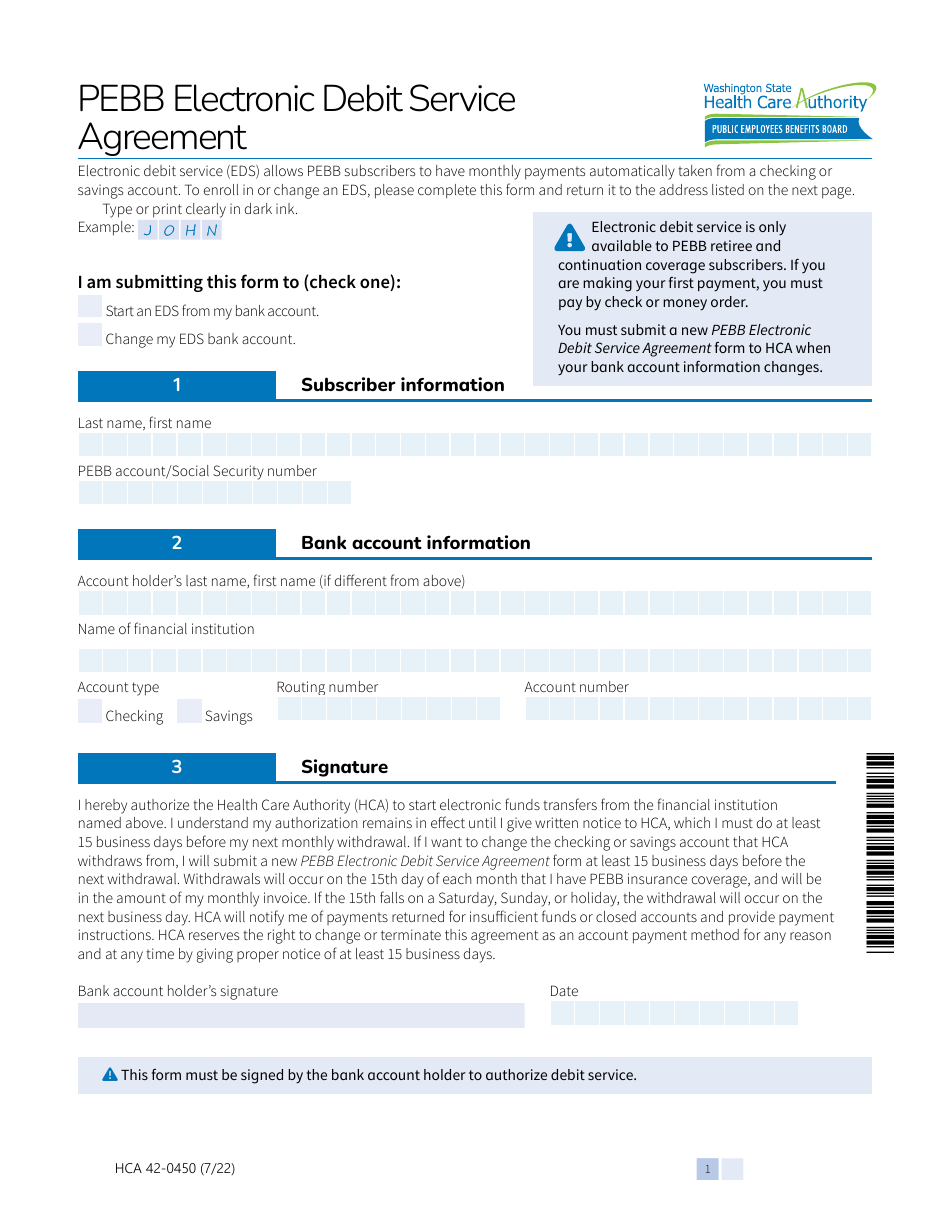 Form HCA42-0450 Pebb Electronic Debit Service Agreement - Washington, Page 1