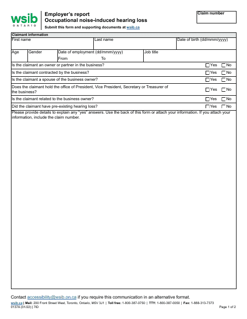 Form 0137A Employer's Report - Occupational Noise-Induced Hearing Loss - Ontario, Canada