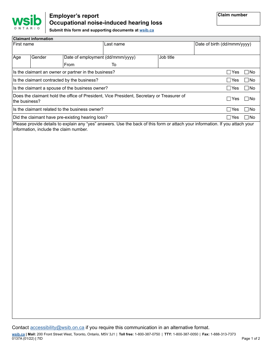 Form 0137A Employers Report - Occupational Noise-Induced Hearing Loss - Ontario, Canada, Page 1