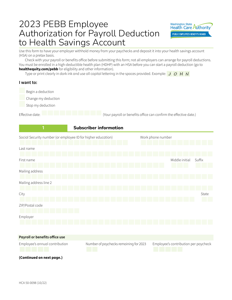 Form HCA50-0098 Pebb Employee Authorization for Payroll Deduction to Health Savings Account - Washington, Page 1