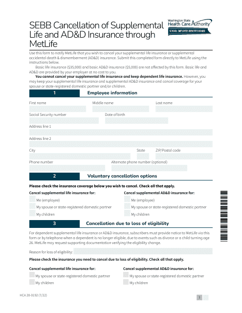 Form HCA20-0192  Printable Pdf