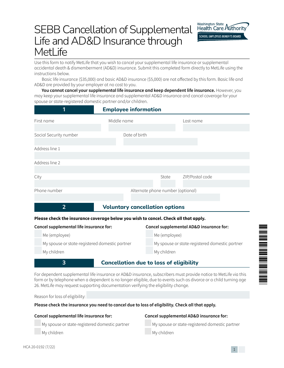 Form HCA20-0192 Sebb Cancellation of Supplemental Life and Add Insurance Through Metlife - Washington, Page 1