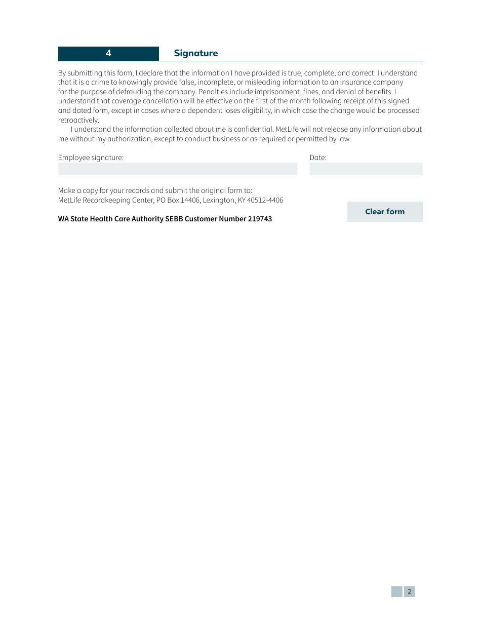Form HCA20-0192 Sebb Cancellation of Supplemental Life and Add Insurance Through Metlife - Washington, Page 2