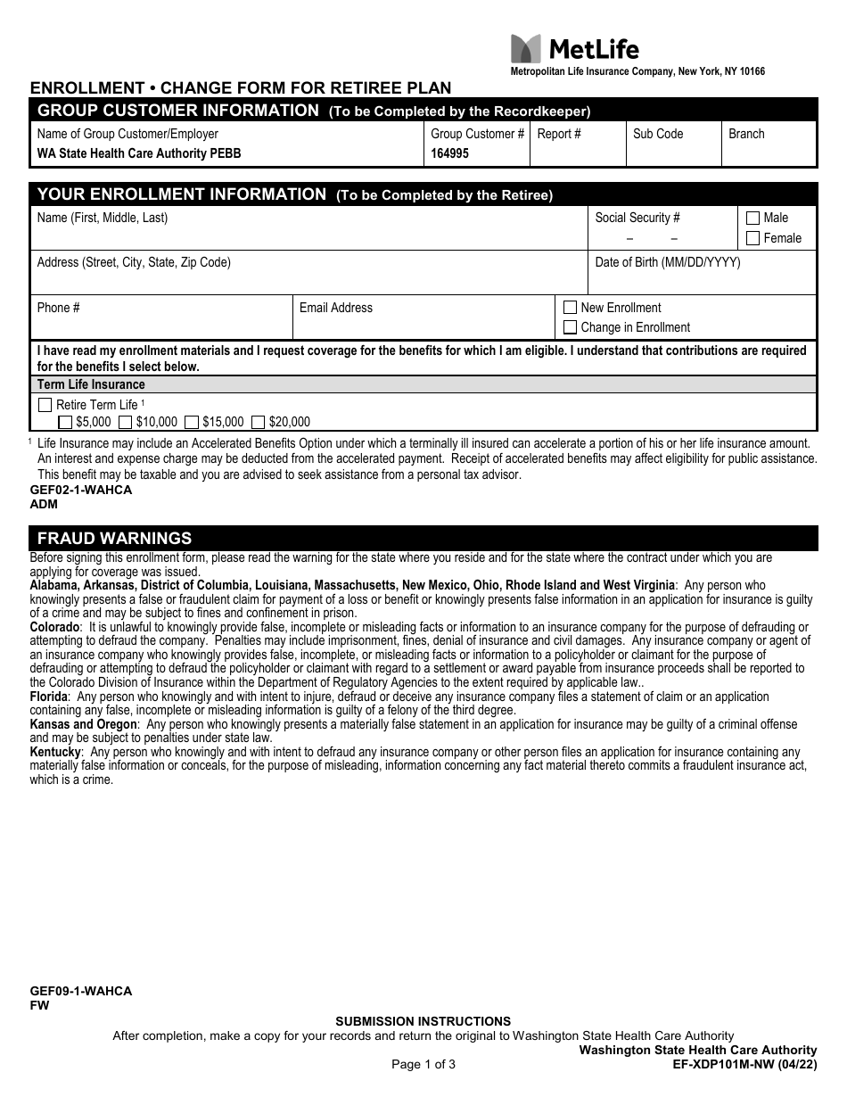 Form EF-XDP101M-NW Metlife Enrollment - Change Form for Retiree Plan - Washington, Page 1