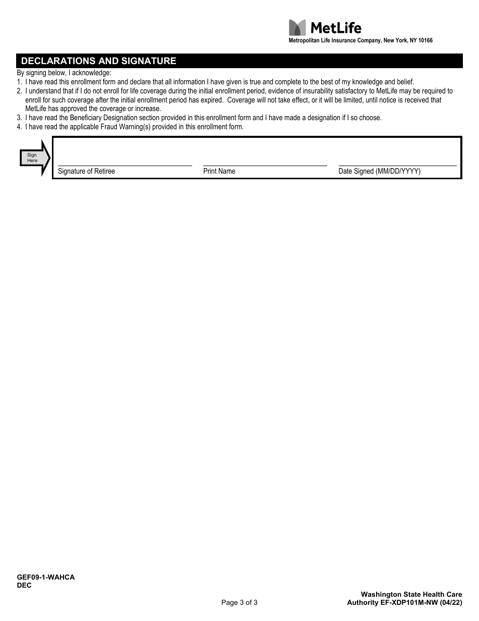 Form EF-XDP101M-NW Metlife Enrollment - Change Form for Retiree Plan - Washington, Page 3