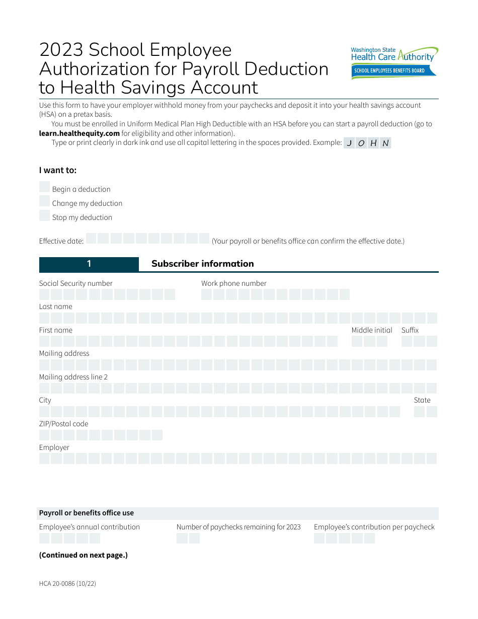 Form HCA20-0086 School Employee Authorization for Payroll Deduction to Health Savings Account - Washington, Page 1