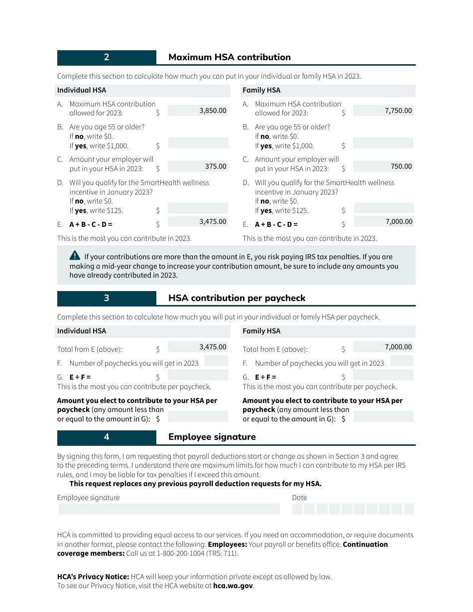 Form HCA20-0086 School Employee Authorization for Payroll Deduction to Health Savings Account - Washington, Page 2