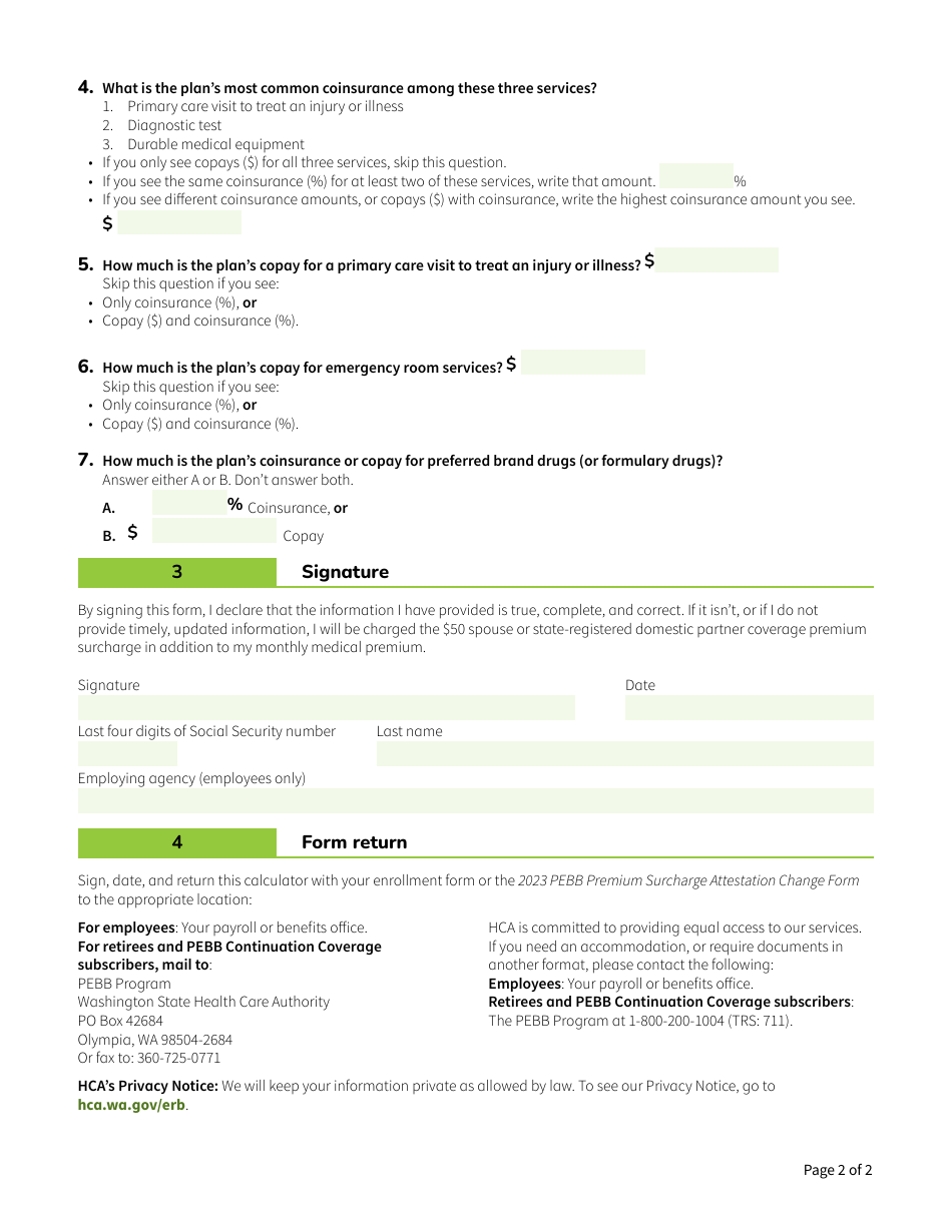 Form HCA50-0027 Pebb Spousal Plan Calculator - Washington, Page 2