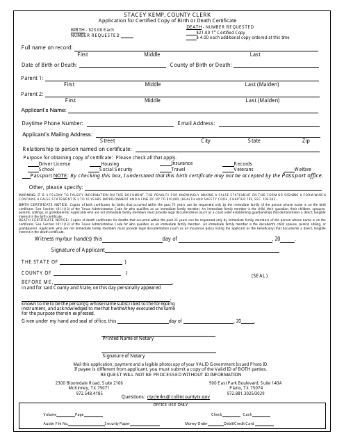 Application for Certified Copy of Birth or Death Certificate (Mail in) - Collin County, Texas Download Pdf