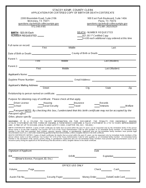 Application for Certified Copy of Birth or Death Certificate (Walk in) - Collin County, Texas Download Pdf