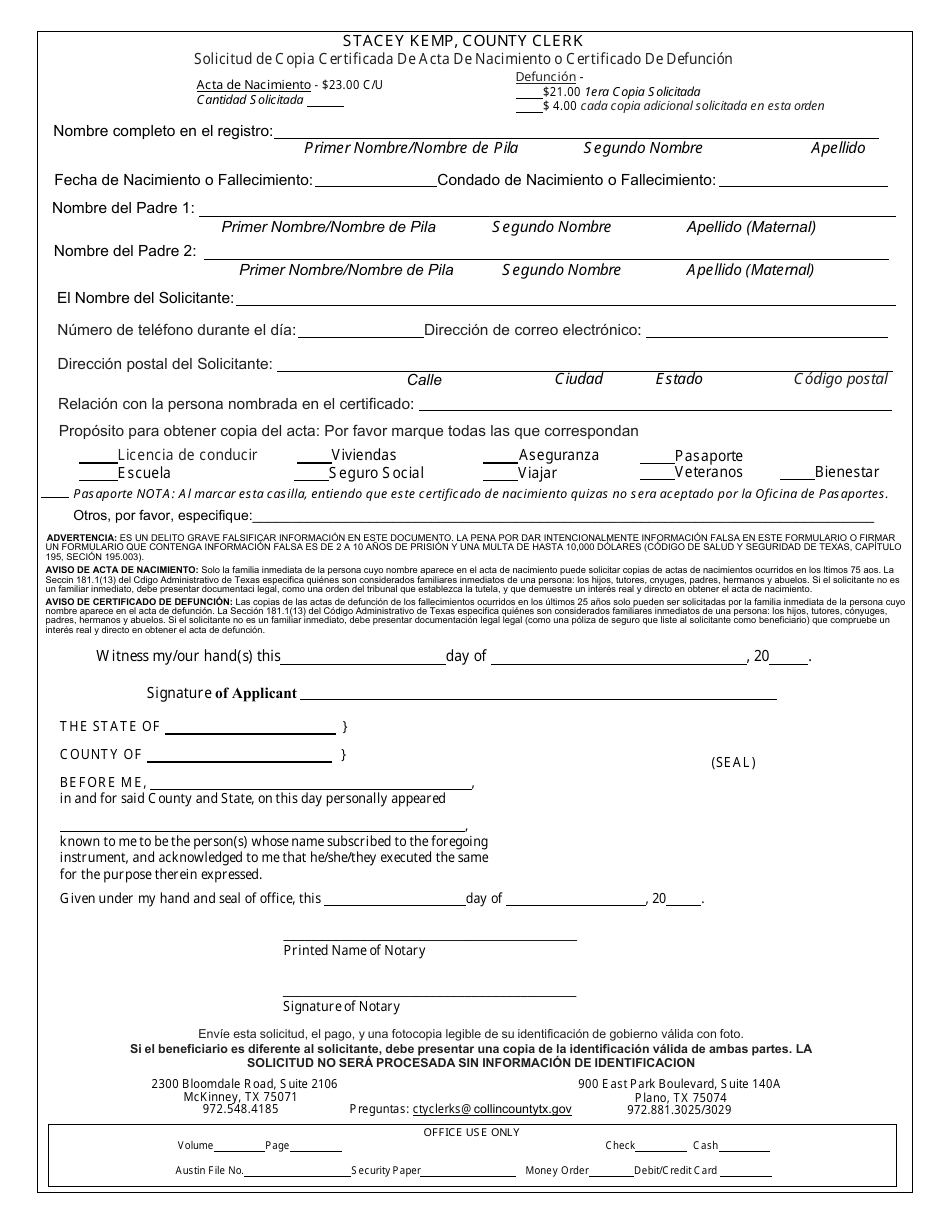 Solicitud De Copia Certificada De Acta De Nacimiento O Certificado De Defuncion (Mail in) - Collin County, Texas (Spanish), Page 1
