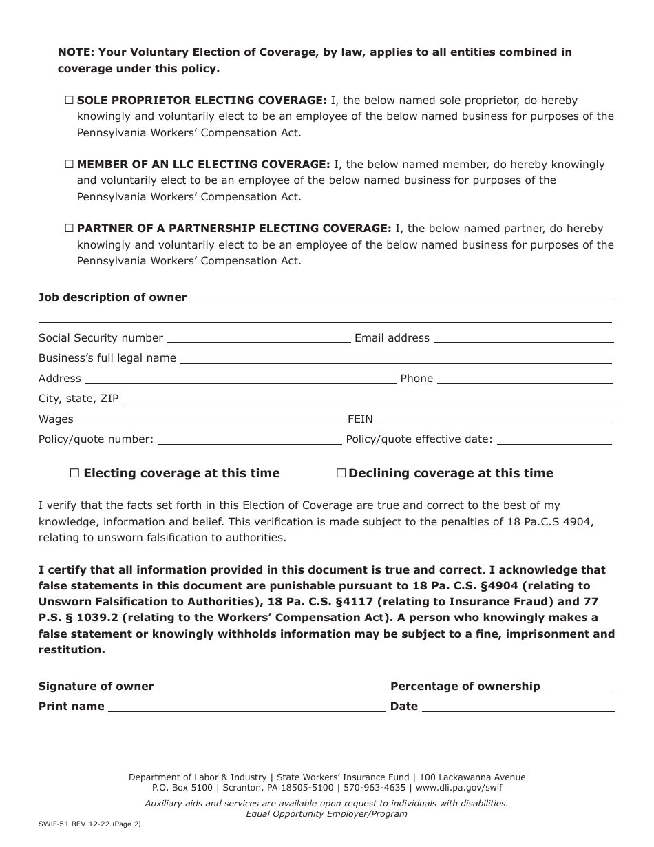 Form SWIF-51 Voluntary Election of Coverage - Pennsylvania, Page 2