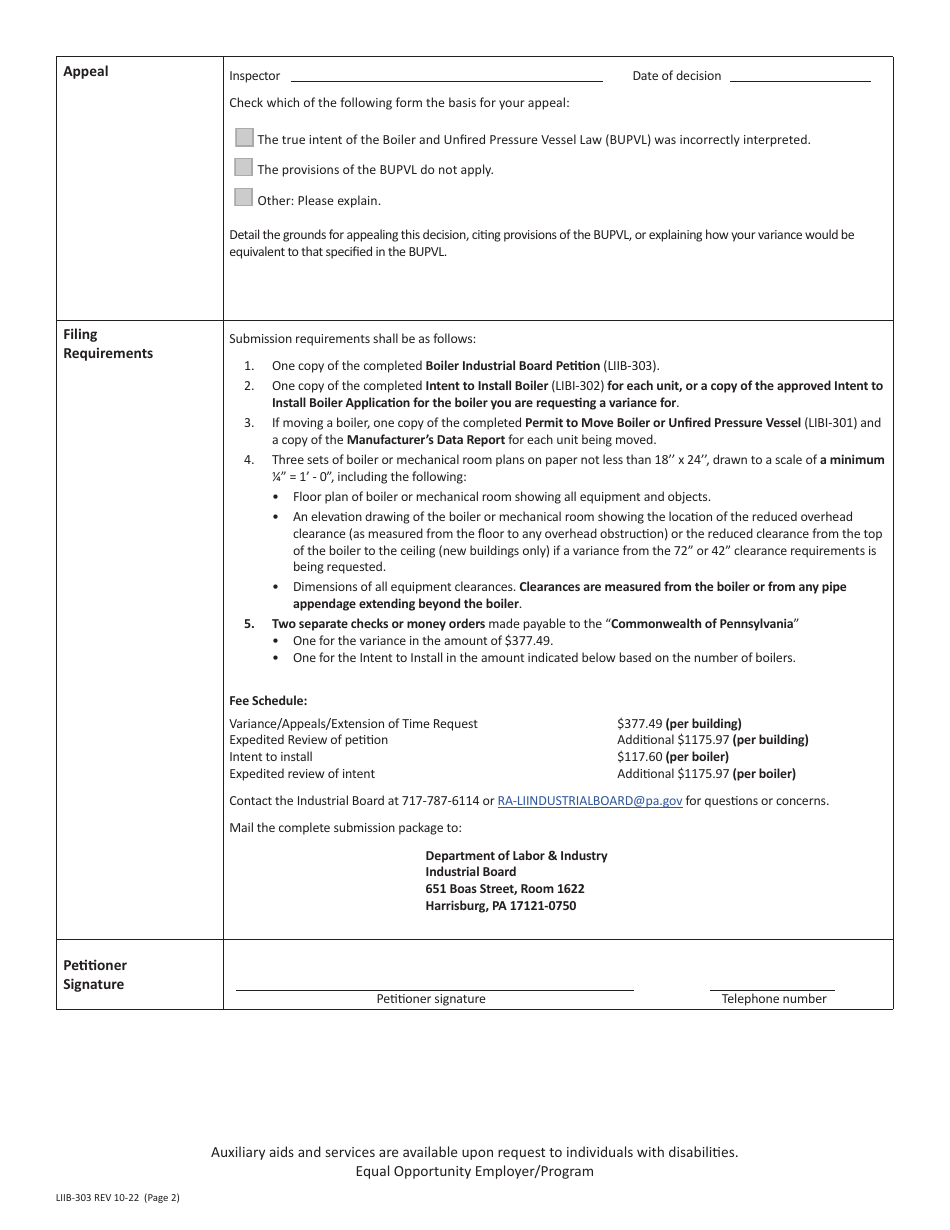 Form LIIB-303 Boiler Industrial Board Petition - Pennsylvania, Page 2