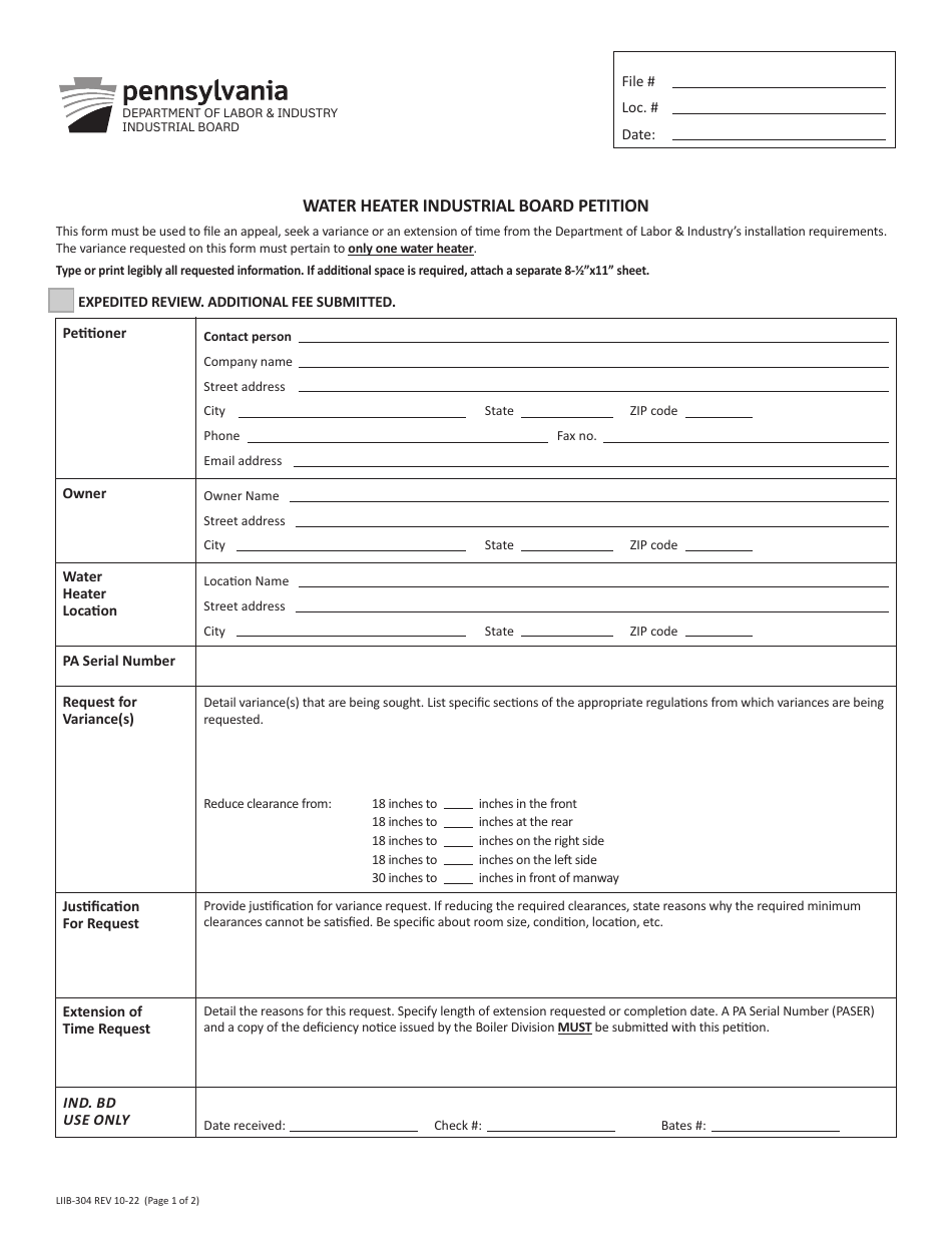 Form LIIB-304 Water Heater Industrial Board Petition - Pennsylvania, Page 1