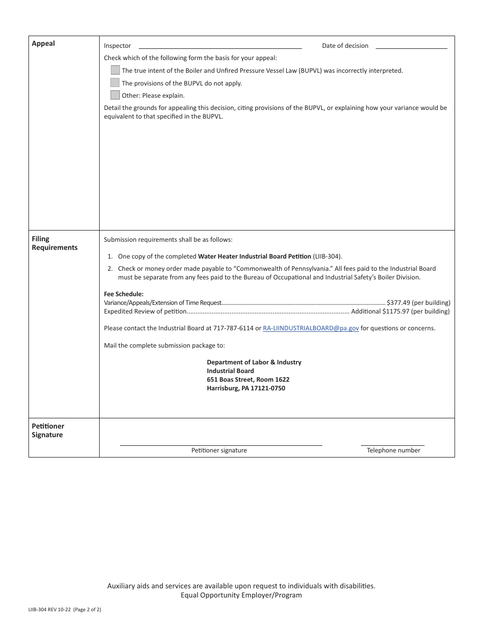 Form LIIB-304 Water Heater Industrial Board Petition - Pennsylvania, Page 2