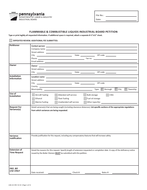 Form LIIB-121 Flammable & Combustible Liquids Industrial Board Petition - Pennsylvania