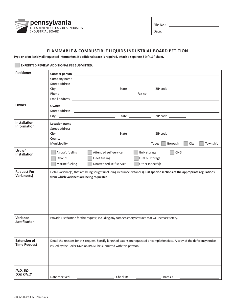 Form LIIB-121 Flammable  Combustible Liquids Industrial Board Petition - Pennsylvania, Page 1
