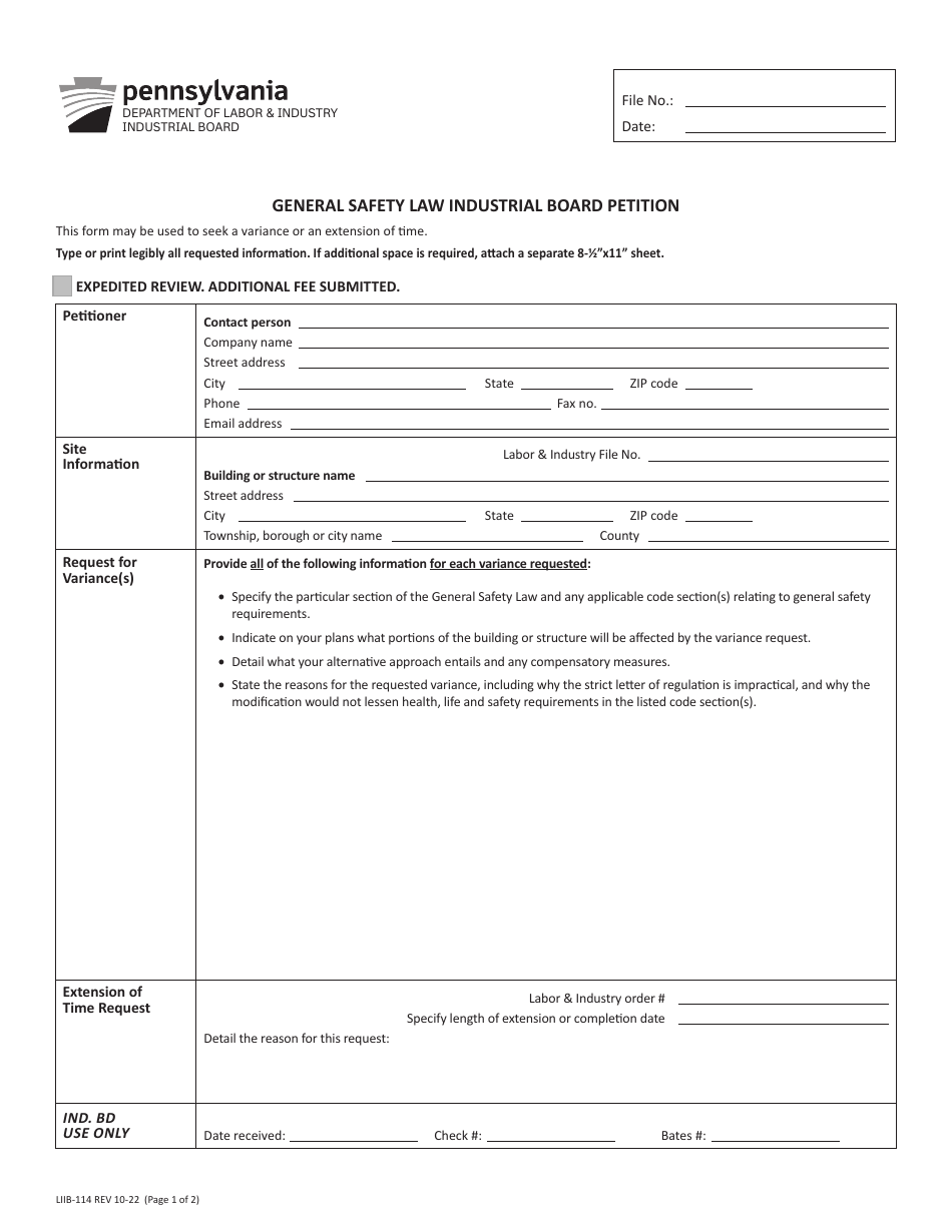 Form LIIB-114 General Safety Law Industrial Board Petition - Pennsylvania, Page 1