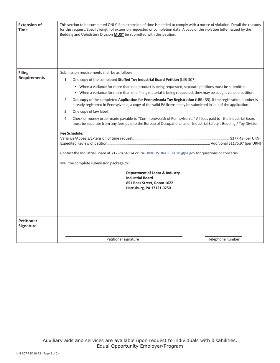 Form LIIB-307 Stuffed Toy Industrial Board Petition - Pennsylvania, Page 2