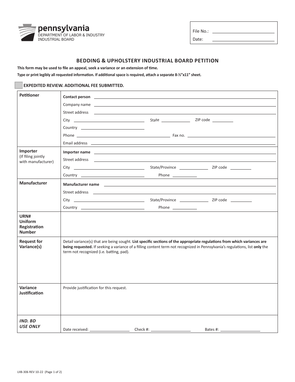 Form LIIB-306 Bedding  Upholstery Industrial Board Petition - Pennsylvania, Page 1
