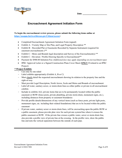 Encroachment Agreement Initiation Form - City of Fort Worth, Texas Download Pdf