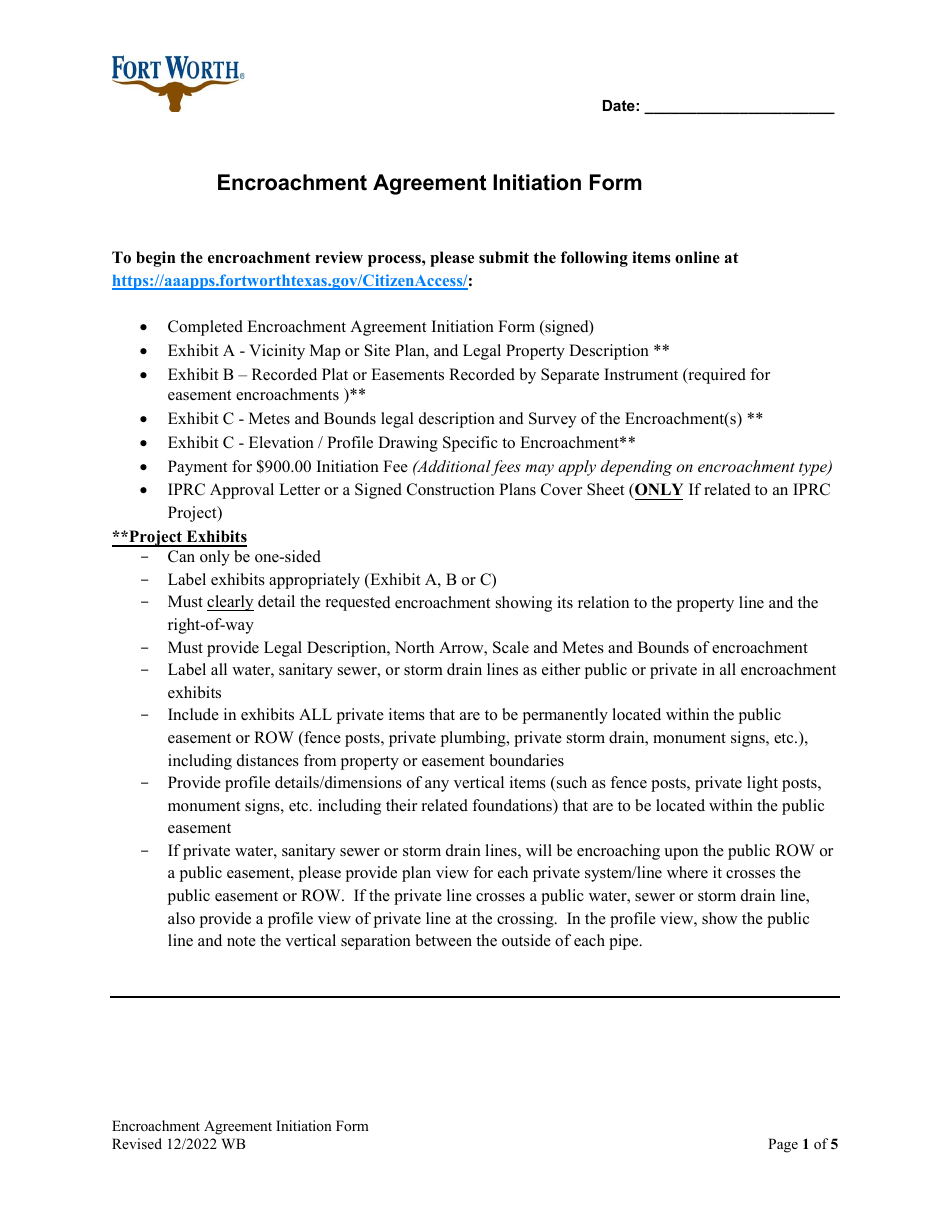 Encroachment Agreement Initiation Form - City of Fort Worth, Texas, Page 1