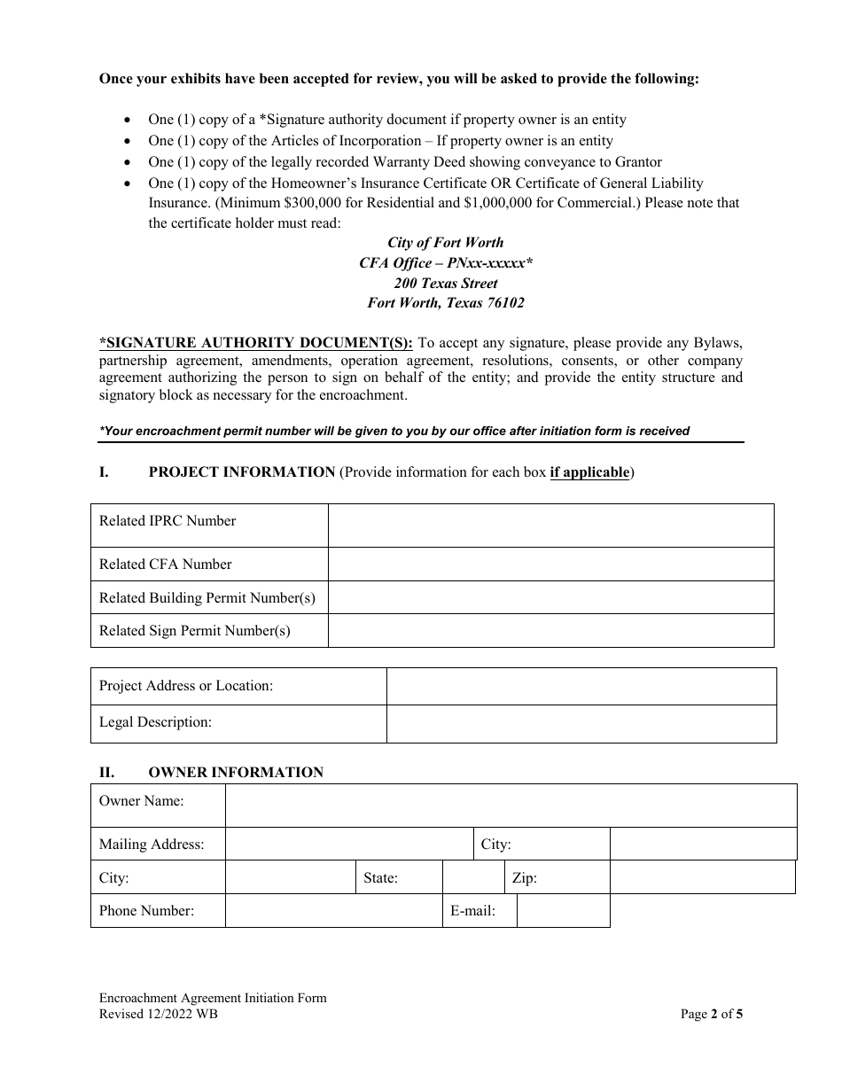 Encroachment Agreement Initiation Form - City of Fort Worth, Texas, Page 2
