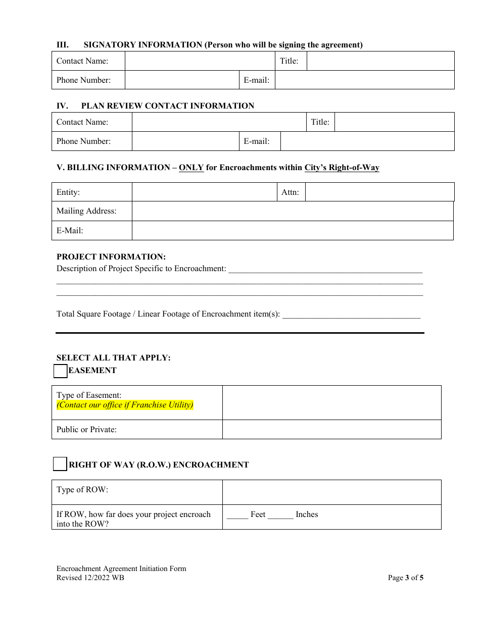 Encroachment Agreement Initiation Form - City of Fort Worth, Texas, Page 3