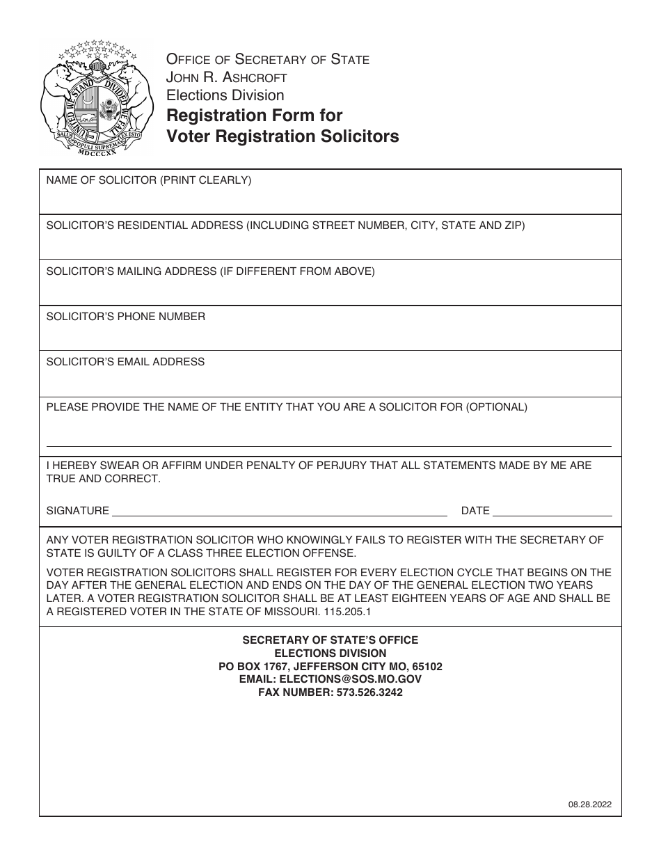 Registration Form for Voter Registration Solicitors - Missouri, Page 1