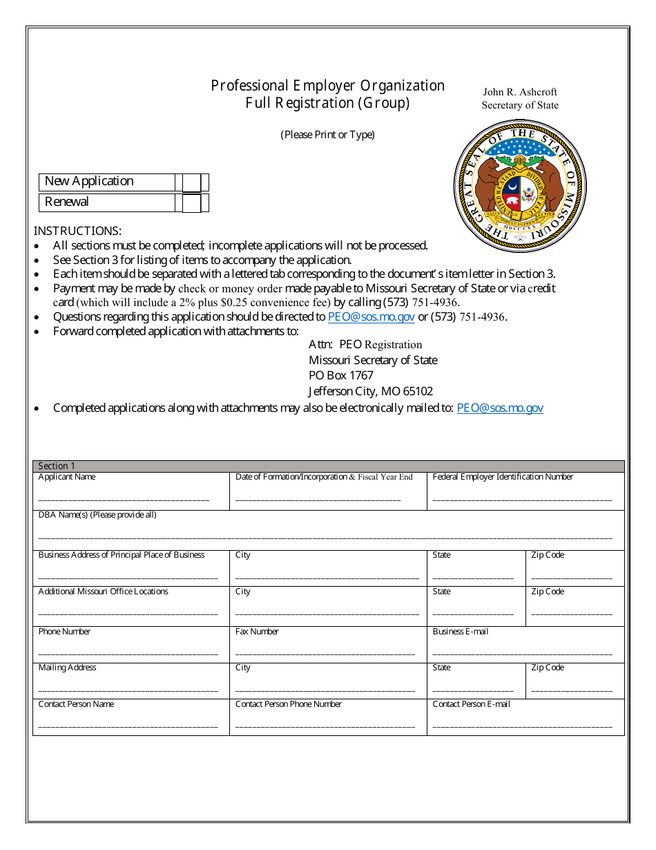 Professional Employer Organization Full Registration (Group) - Missouri, Page 1